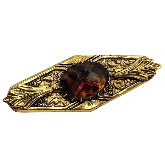 Vintage Freirich Gold Tone Victorian Revival Amber Glass Mourning Brooch Pin - Picture 2 of 7
